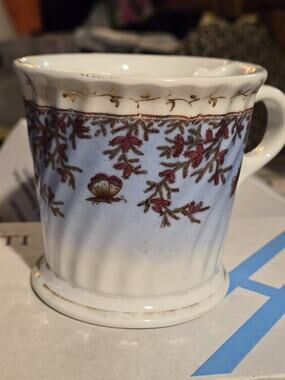 VTG Victorian Porcelain Shaving Mug Butterfly Pine Needle Gold Gilt Barber Cup